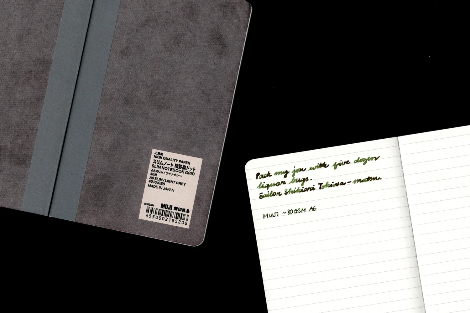 MUJI notebook and interior with sample writing sample.