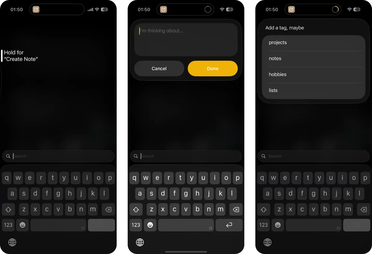 Apple Shortcuts workflow to create a new note.