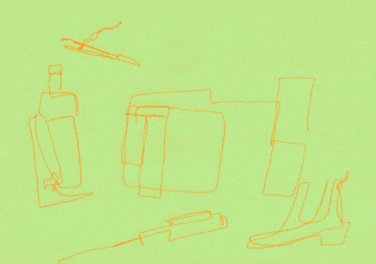 Blind portrait of a nail clipper, a wallet, an app, a fountain pen, and a pair of boots.