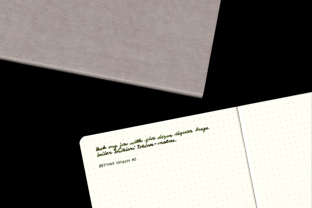Bettino notebook cover and interior with writing sample.
